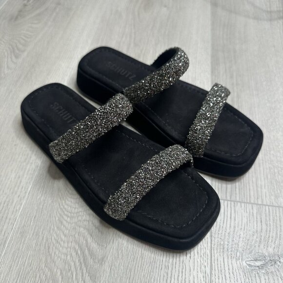 SCHUTZ Shoes - Schutz Glammy Suede Slip On Sandal Double Jewel Encrusted Straps Y2K 90s Glitter